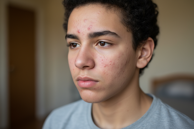 jugendlicher mit Pickel im Gesicht
