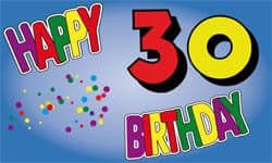 Fahne zum 30. Geburtstag in 90 cm x 150 cm, aus leichtem, UV-beständigem Polyester mit intensiven Farben, ideal für Feierlichkeiten.