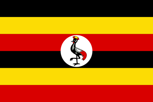 Fahne Uganda in den Maßen 90 cm x 150 cm aus leichtem, UV-beständigem Polyester, ideal für den Außenbereich.