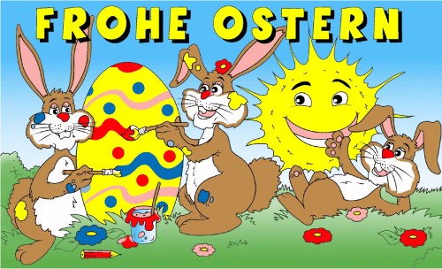 Fahne Frohe Ostern – Sonneneffekt, 90 cm x 150 cm, UV-beständig, Polyester mit Metallösen, ideal für Osterdekoration im Garten oder auf der Terrasse.