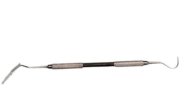 Zahnreiniger doppelendig aus rostfreiem Edelstahl in mattem Finish, handgeschliffen für professionelle Anwendung und pflegeleicht, geeignet für sowohl Profis als auch Privatpersonen.