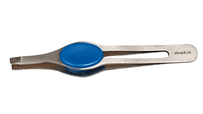 Kosmetikpinzette mit Gummigriff aus rostfreiem Edelstahl in mattem Finish, ideal für professionelle Anwendungen und Pflege.