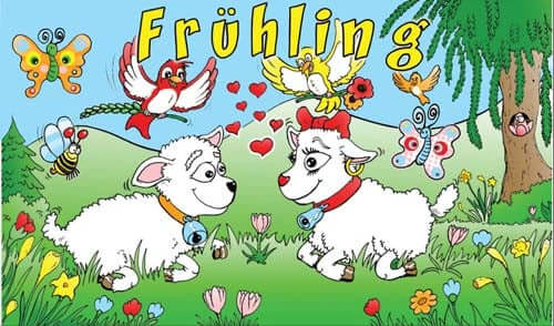 Frühling Fahne mit Schafen, 90 cm x 150 cm, ideal für Gärten und Terrassen, zeigt UV-beständige Farben und robuste Metallösen für einfache Anbringung.