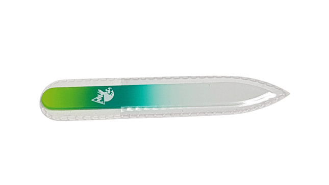 Glasnagelfeile grün kurz aus rostfreiem Edelstahl, handgeschliffen für erstklassige Qualität, geeignet für professionelle Anwendung.