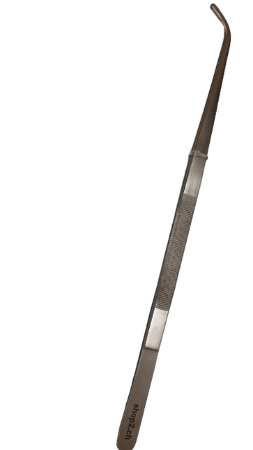 Pinzette gebogen 40 cm aus rostfreiem Edelstahl, matt verarbeitet, ideal für professionelle Anwendungen in der Schönheitspflege und im Alltag.