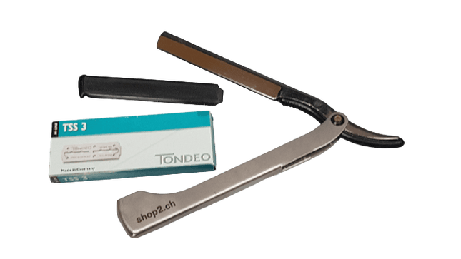 Rasiermesser mit Wechselklingen und 10 Ersatzdoppelklingen aus rostfreiem Edelstahl, ideal für professionelle Anwendung und Pflege.