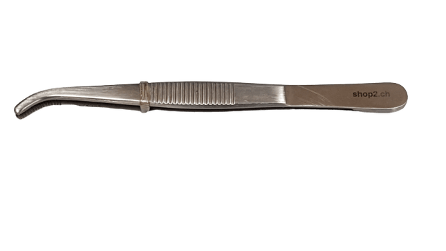 Pinzette gebogen 11 cm aus rostfreiem Edelstahl, ideal für professionelle Anwendungen, in mattem Finish.