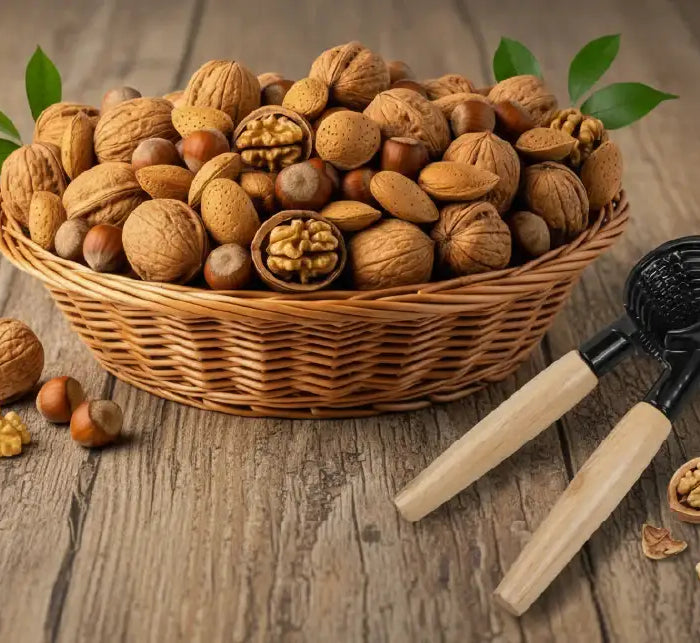 Korb mit Walnüssen, Haselnüssen und Mandeln, Nussknacker auf Holztisch