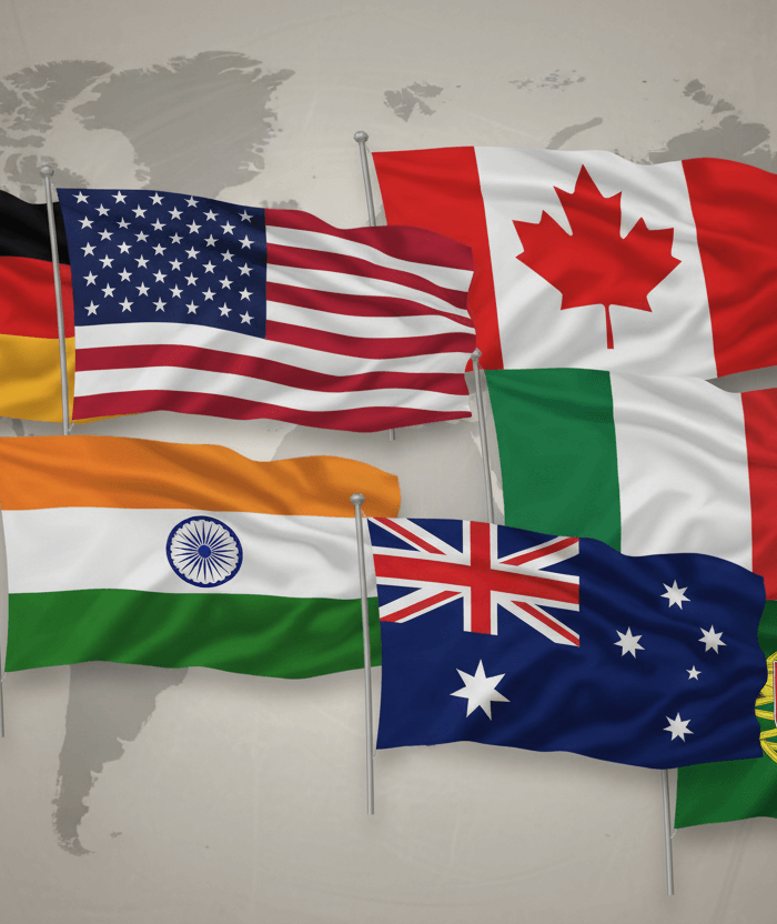 collage mit den fahnen von Deutschland, USA, Kanada, Australien, Indien, Italien, Portugal