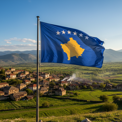 fahne kosovo am mast mit dorf
