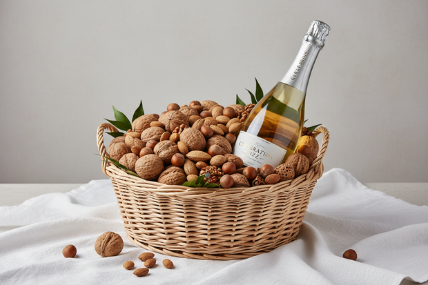 Korb mit Baumnüssen, Haselnüssen und Mandeln und einer Flasche Sekt