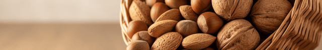 Korb mit Baumnüssen, Haselnüssen und Mandeln