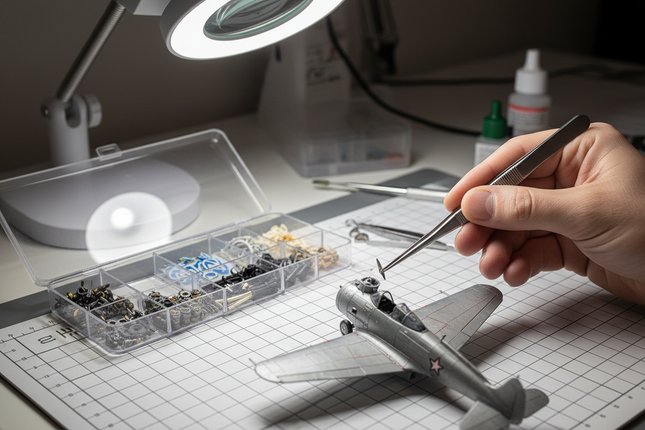 modelbauer mit pinzette 